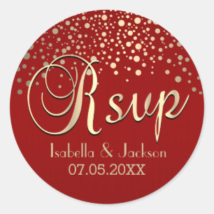 RSVP   Gold Dots and Red   Personalize Classic Round Sticker