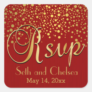 RSVP Gold Dots and Red   Personalize Square Sticker