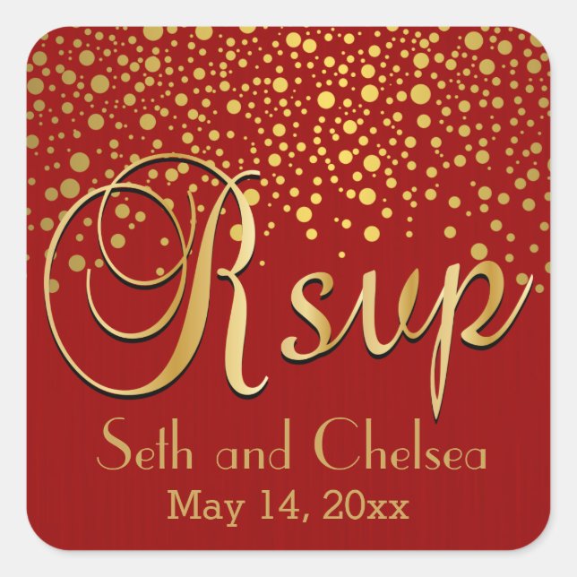 RSVP Gold Dots and Red | Personalize Square Sticker (Front)