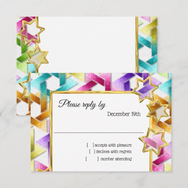 RSVP Gold Star Colourful Damask Invitation (Front/Back)