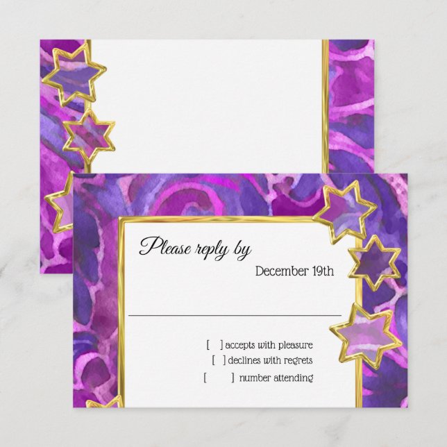 RSVP Gold Star Purple Pink Damask Invitation (Front/Back)