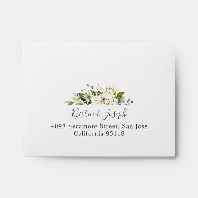 RSVP - Greenery Watercolor White Rose Floral Envelope (Front)
