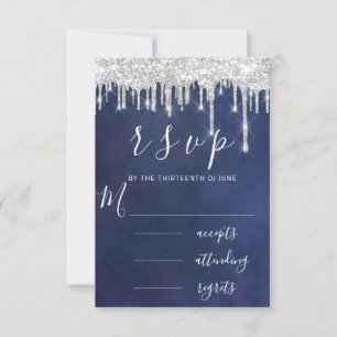 RSVP Grey Grey Silver Aqua Drips Wedding Blue Navy Card