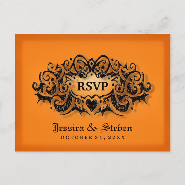 RSVP Halloween Bold Orange Black Wedding Postcard (Front)