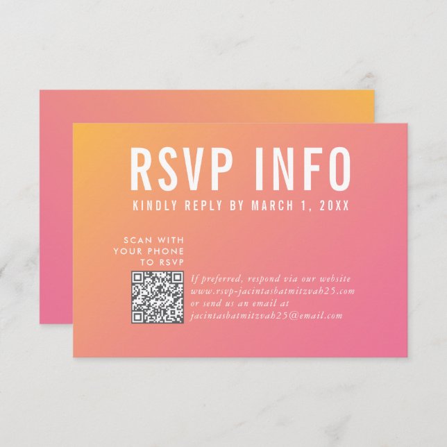 RSVP INFO CARD modern pink yellow qrcode (Front/Back)