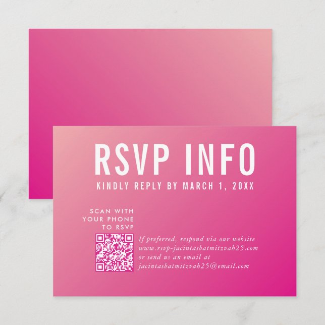 RSVP INFO CARD modern pretty bright pink qrcode (Front/Back)