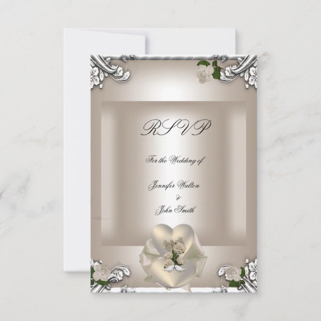 RSVP Mariage Élégant Crème Rose Argent Blanc (Devant)