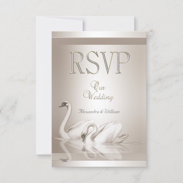RSVP Mariage Élégant Cygnes Damas Crème Blanc (Devant)
