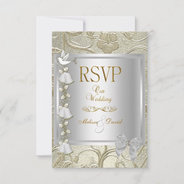 RSVP Mariage Élégant Or Argent Blanc Damask (Devant)