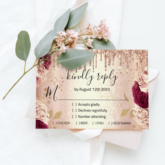 RSVP Mariage Pailleté Rose Doré Gouttes Bourgogne (Créateur téléchargé)