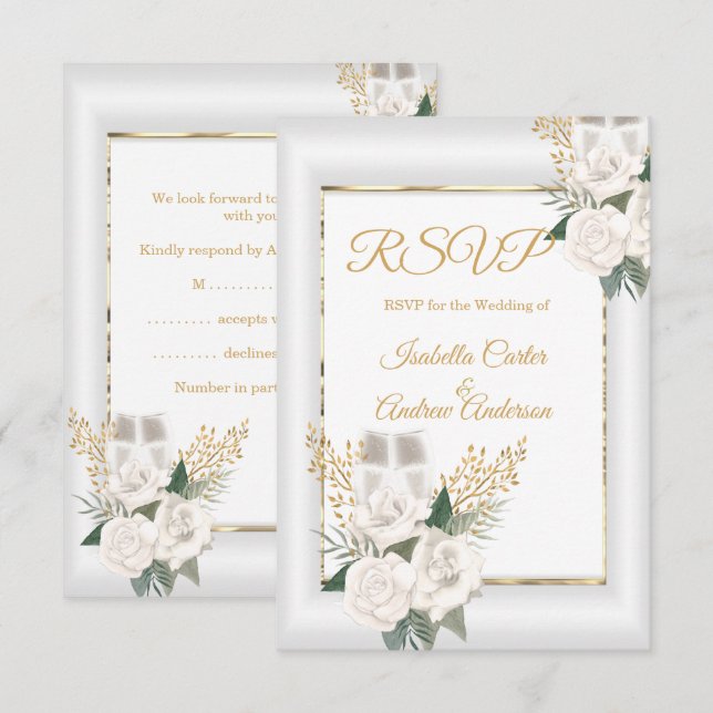 RSVP Mariage Rose blanche Florale Champagne Or (Devant / Derrière)