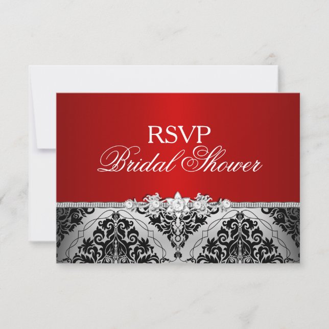RSVP Mariage Rouge Argent Damassé & Bijou (Devant)