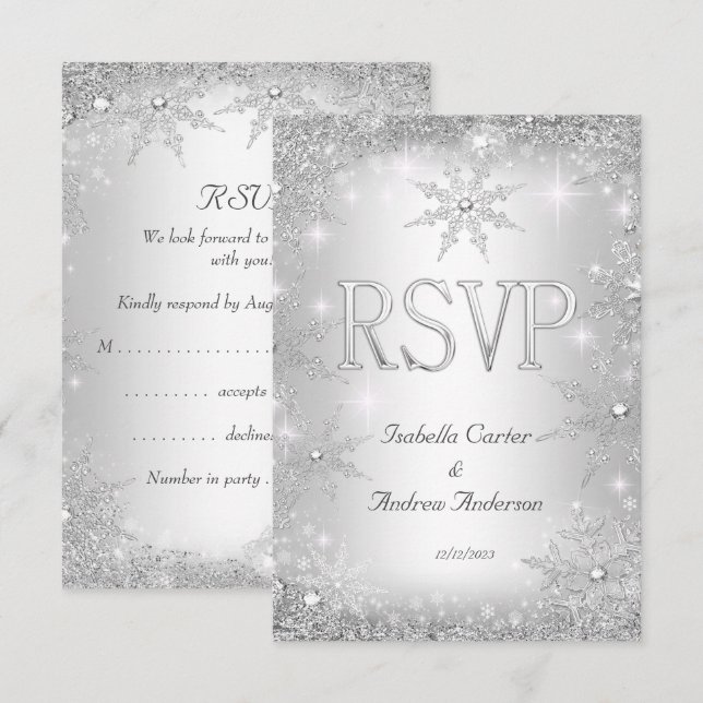 RSVP Mariage Silver Winter Wonderland Snowflakes (Devant / Derrière)