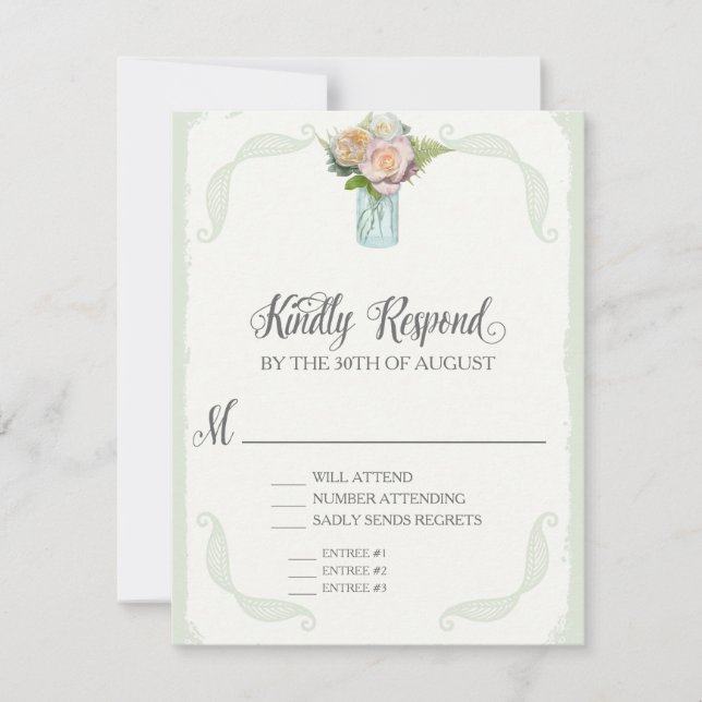 RSVP Menu Choice Mason Jar Roses Script Typography (Front)
