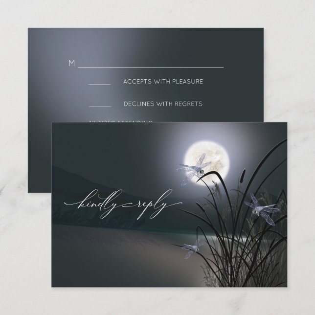 RSVP Menu Dusty Blue Grey Moonlight Dragonflies (Front/Back)