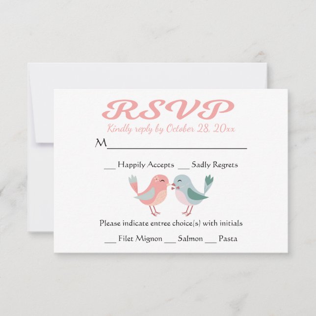 RSVP Pink & Blue Lovebirds Wedding Party Card (Front)