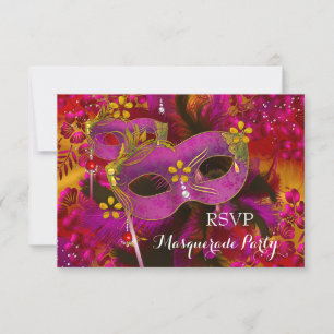 RSVP Pink Gold Floral Mask Masquerade Party Card