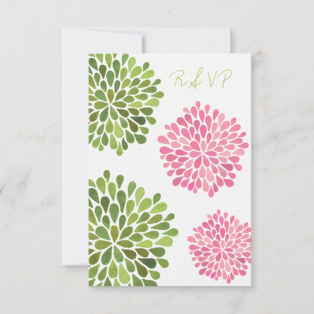 RSVP Pink & Green Floral Blooms Wedding Card (Front)