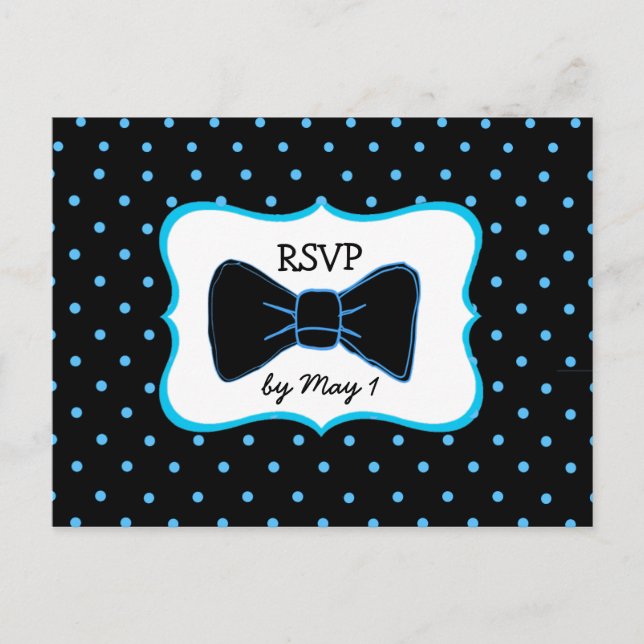 RSVP Postcard Blue Black Bowtie LGBT Wedding (Front)