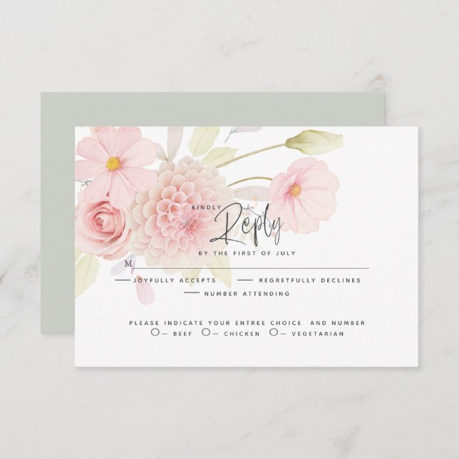 RSVP pour mariage | Fleurs rose pastel (Devant / Derrière)