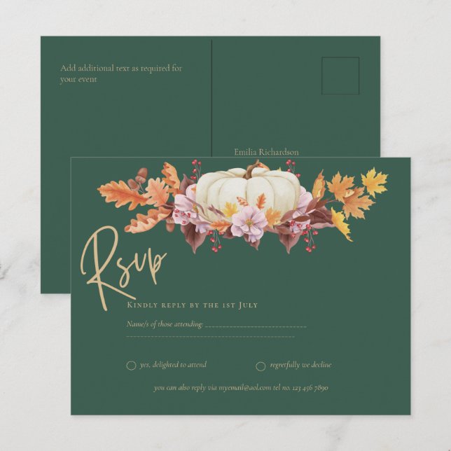RSVP - Pumpkin Green Gold Fall Wedding Postcard (Front/Back)
