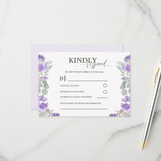 RSVP Purple Floral Watercolor Wedding   (Front/Back In Situ)
