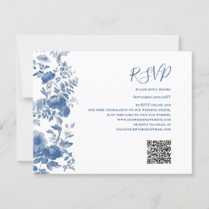 RSVP QR Code French Floral Toile Blue Wedding Card