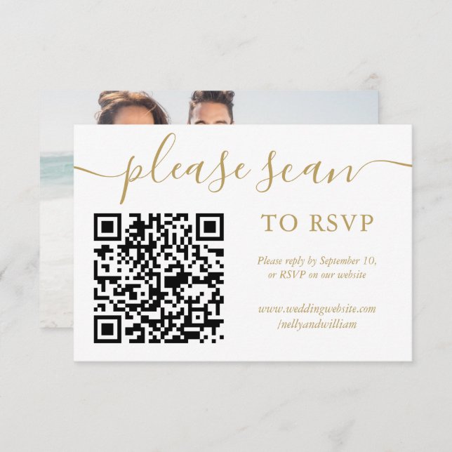 RSVP QR Code Simple Gold Script Photo (Front/Back)