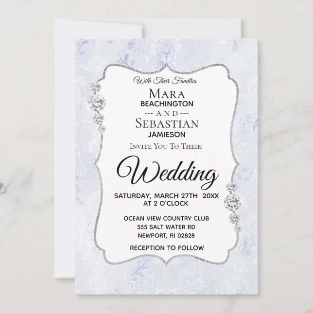 *~* RSVP + QR + PHOTO Diamond Damask Wedding Invitation (Front)