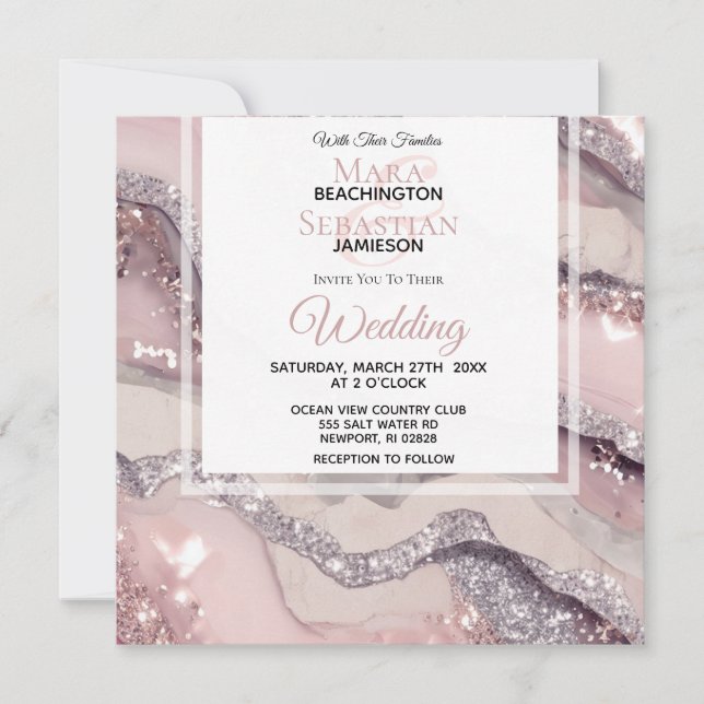 *~*  RSVP QR Silver BLUSH PINK AGATE AR66 Wedding Invitation (Front)