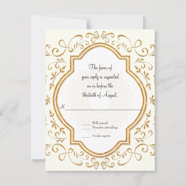 RSVP Quatrefoil Frame Script Swirl Gold Glitter (Front)
