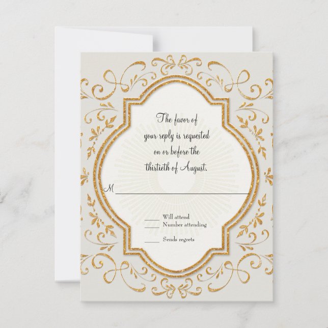 RSVP Quatrefoil Frame Script Swirl Gold Glitter Card (Front)