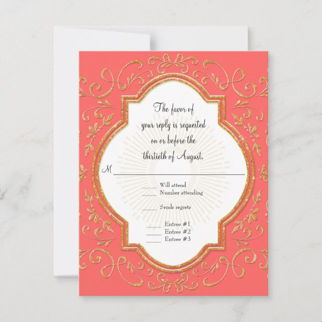 RSVP Quatrefoil Frame Script Swirl Gold Glitter Card (Front)
