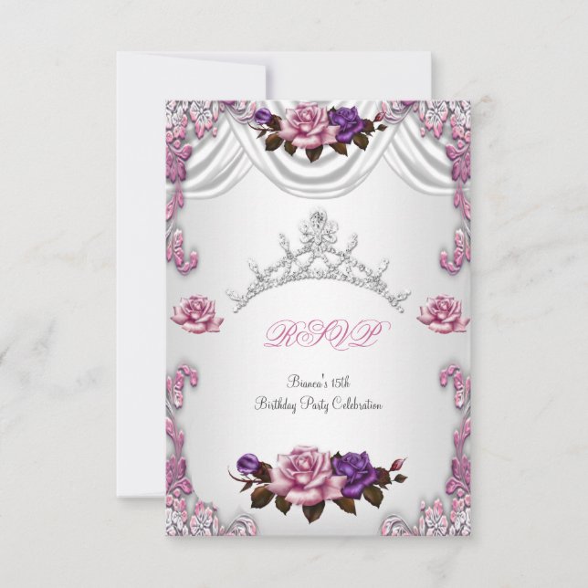 RSVP Quinceanera 15 15th White Pink Roses Tiara Invitation (Front)