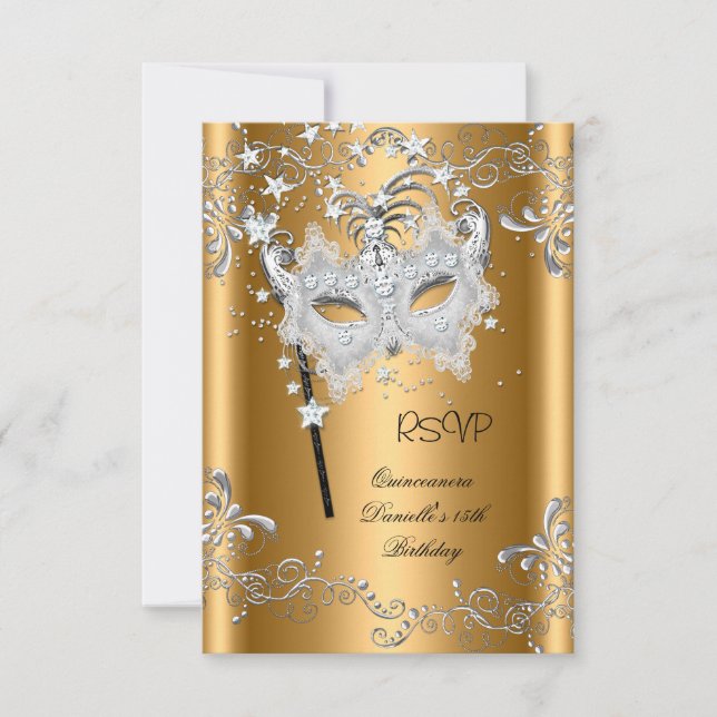 RSVP Quinceanera 15th Birthday Gold Masquerade Card (Front)