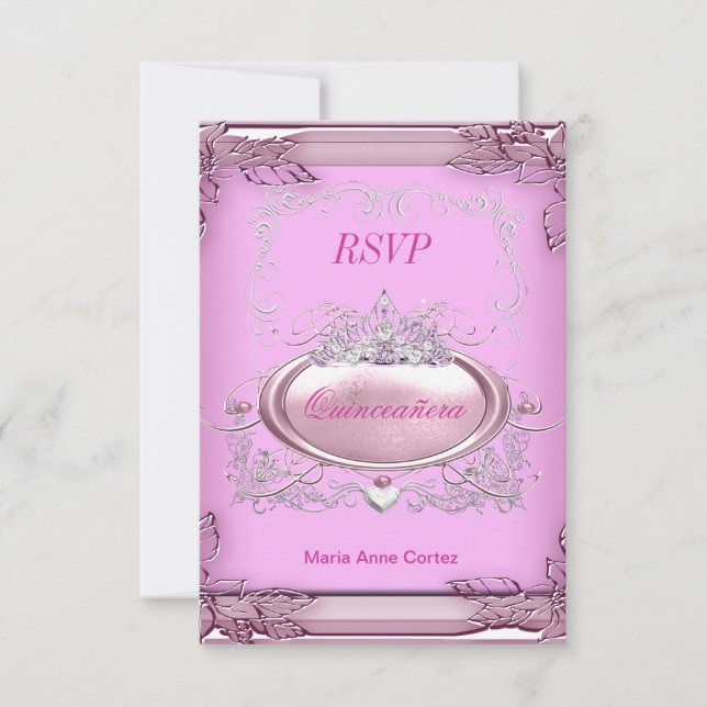 RSVP Quinceañera 15th Birthday Pink White Silver (Front)