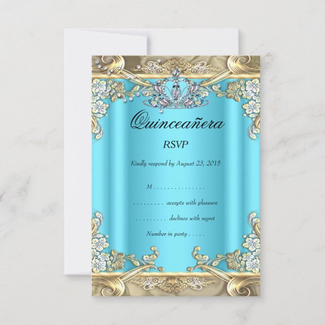 RSVP Quinceanera Blue Aqua Teal Gold 15th Birthday (Front)