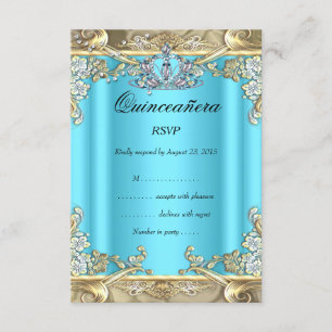 RSVP Quinceanera Blue Aqua Teal Gold 15th Birthday Card