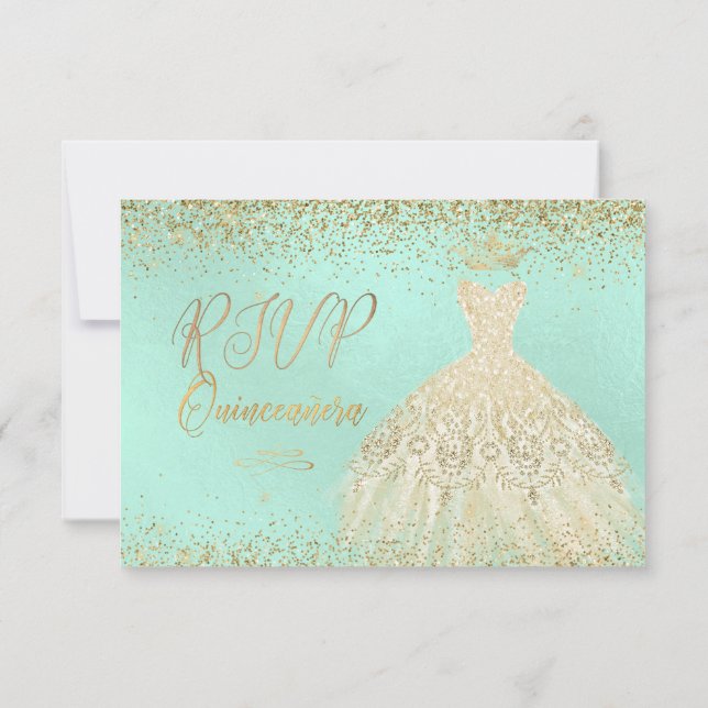 RSVP Quinceañera , Glitters Gown, Faux Gold+Mint Invitation (Back)