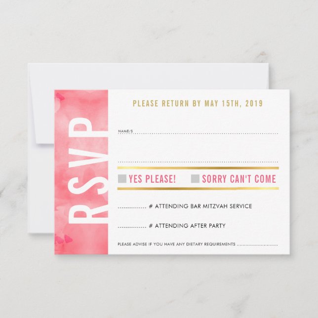 RSVP REPLY CARD bold block modern coral pink gold (Front)