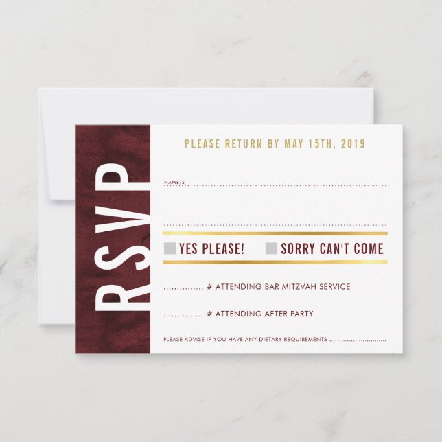RSVP REPLY CARD bold block modern red maroon gold (Front)