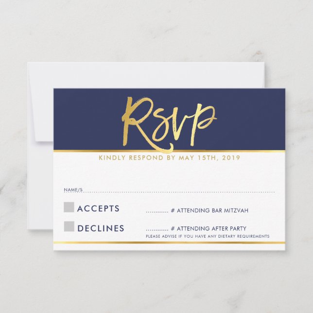 RSVP REPLY CARD modern navy blue gold writing (Front)