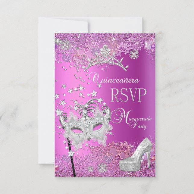 RSVP Reply Masquerade Quinceanera 15th Party Pink (Front)