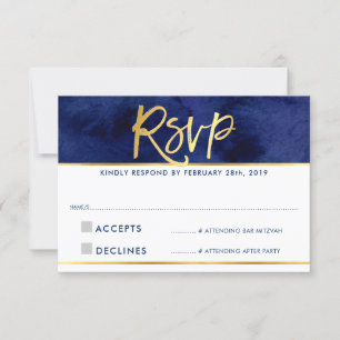 RSVP REPLY modern blue watercolor gold writing Card