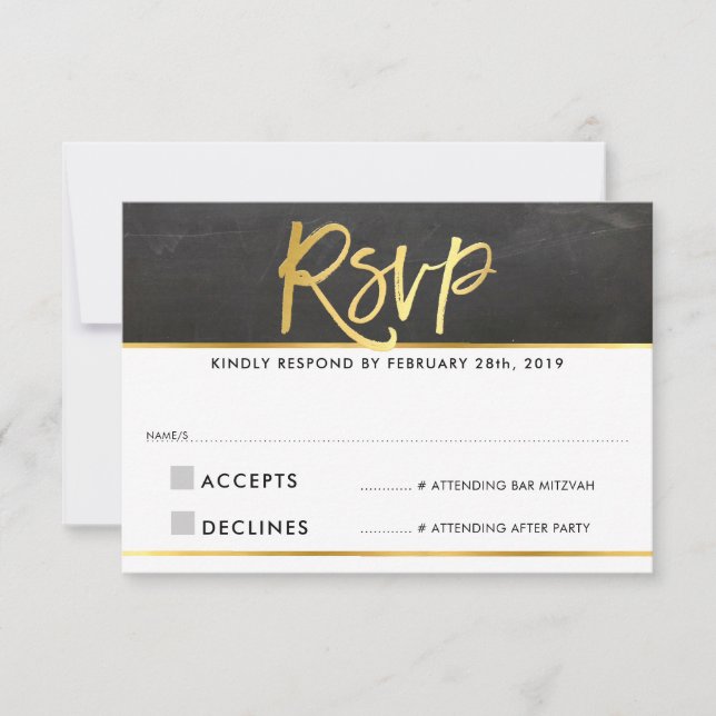 RSVP REPLY modern grey chalkboard gold writing Card (Front)
