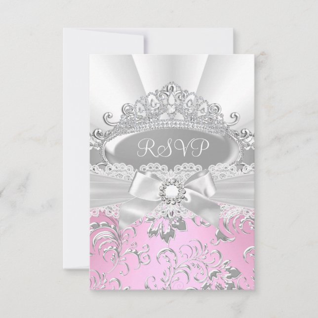 RSVP Reply Pretty Tiara & Bow Pink Quinceañera (Front)