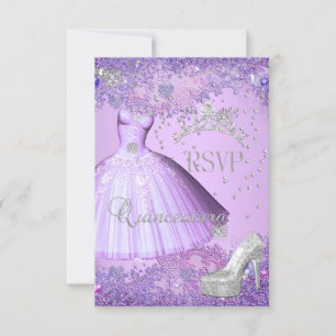 RSVP Reply Quinceanera Purple Tiara Dress Shoe Card