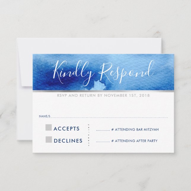 RSVP REPLY RESPONSE CARD silver blue watercolor (Front)