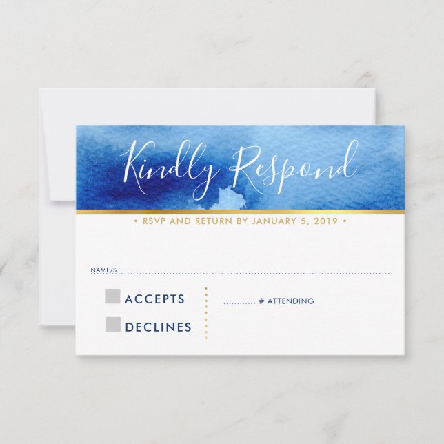 RSVP REPLY RESPONSE CARD smart blue watercolor (Front)
