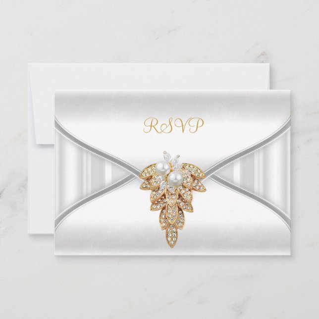 RSVP Reply Response Elegant White Gold Jewel Invitation (Front)